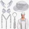 5 Pcs/Set 80s 90s Disco Accessories for Men Women Sequin Hat Harness Belt Gloves Bowtie Necktie Disco Costume Set for Carnival Masquerade Halloween