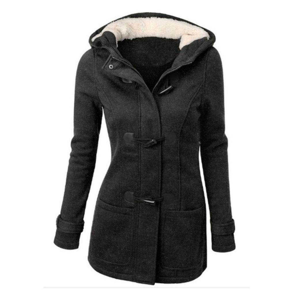 Women's Cotton Blend Hooded Jacket 2025 Classic Horn Leather Buckle Zipper Coat Outerwear