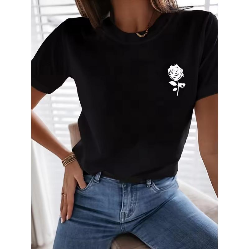 Simple Rose Flower Printing Tops Cotton T-Shirts Womens Fashion Casual Soft Short Sleeve Loose Tees Comfortable Clothes