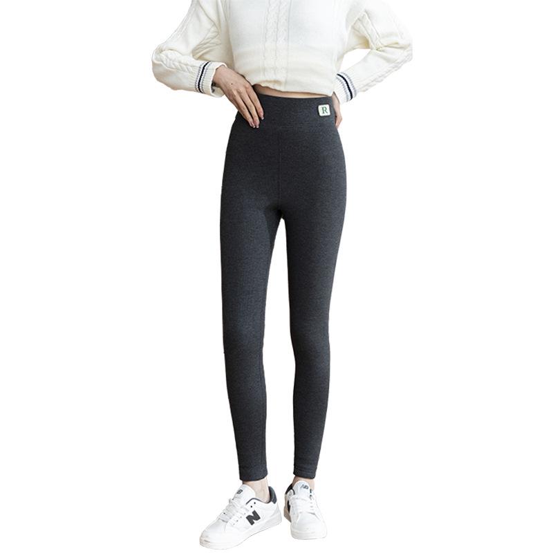 Women's High Waist Fleece-Lined Ribbed Leggings - Warm, Comfortable, Cotton, for Autumn and Winter Wear, Nine-Point Length.