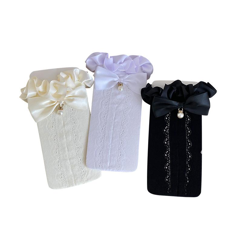 Spitzensocken für Damen im Sommer, dünne Lolita-Schleifen-Spitzen-Wadenlange Socken, herzförmiger Ausschnitt an der Seite, gerafftes langes Rohr