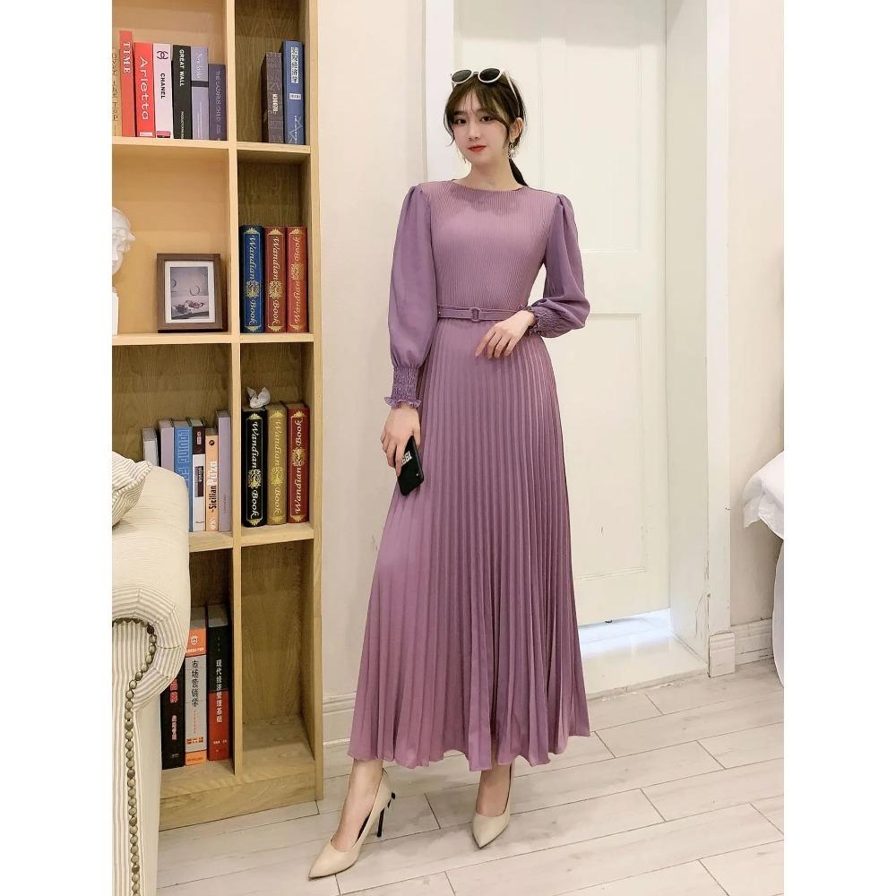 Women Slim Pleated Maxi Dress with Belt Female Streetwear Vintage Dress Tie Front Dress  Robe