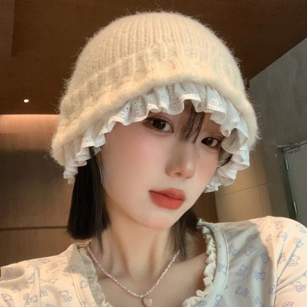 Lace Trim Women Bucket Hat Solid Color Beanie Hat Retro Knitted Fisherman Hat  Women