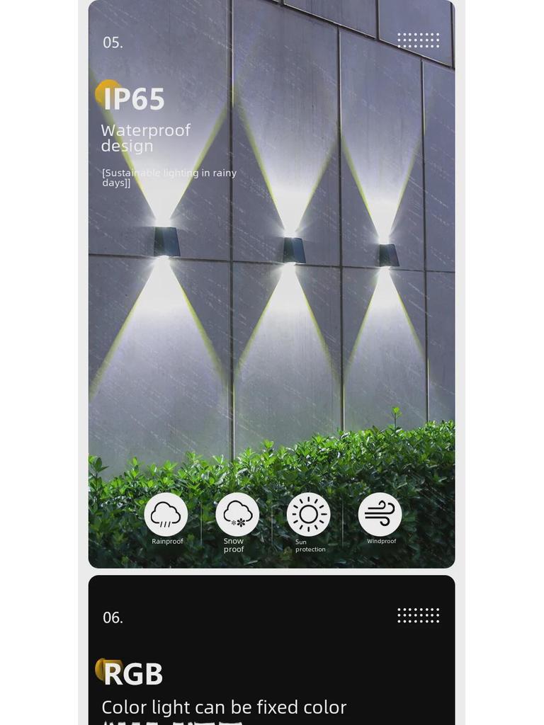 Outdoor Waterproof Solar Wall Light with Up and Down Spotlight Convex Mirror Double Head Design