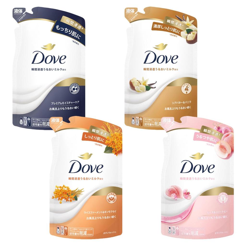 Dove Body Soap Refill Assortment Set 330g x 4 Popular Shea Sweet Peach (Body Wash) Moisture, Butter, Osmanthus,