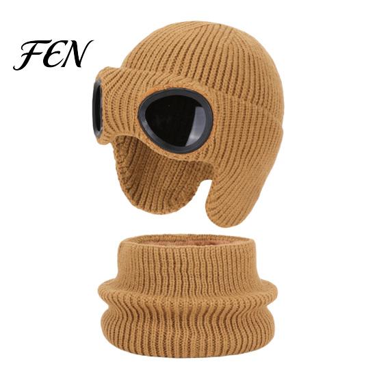 Soft Elastic Knit Hat for Outdoor Play 1 Set Neck Warmer Kids, Winter Earflap with Goggles, Kids Gift School Travel Fleece Lined Aviator Cap,