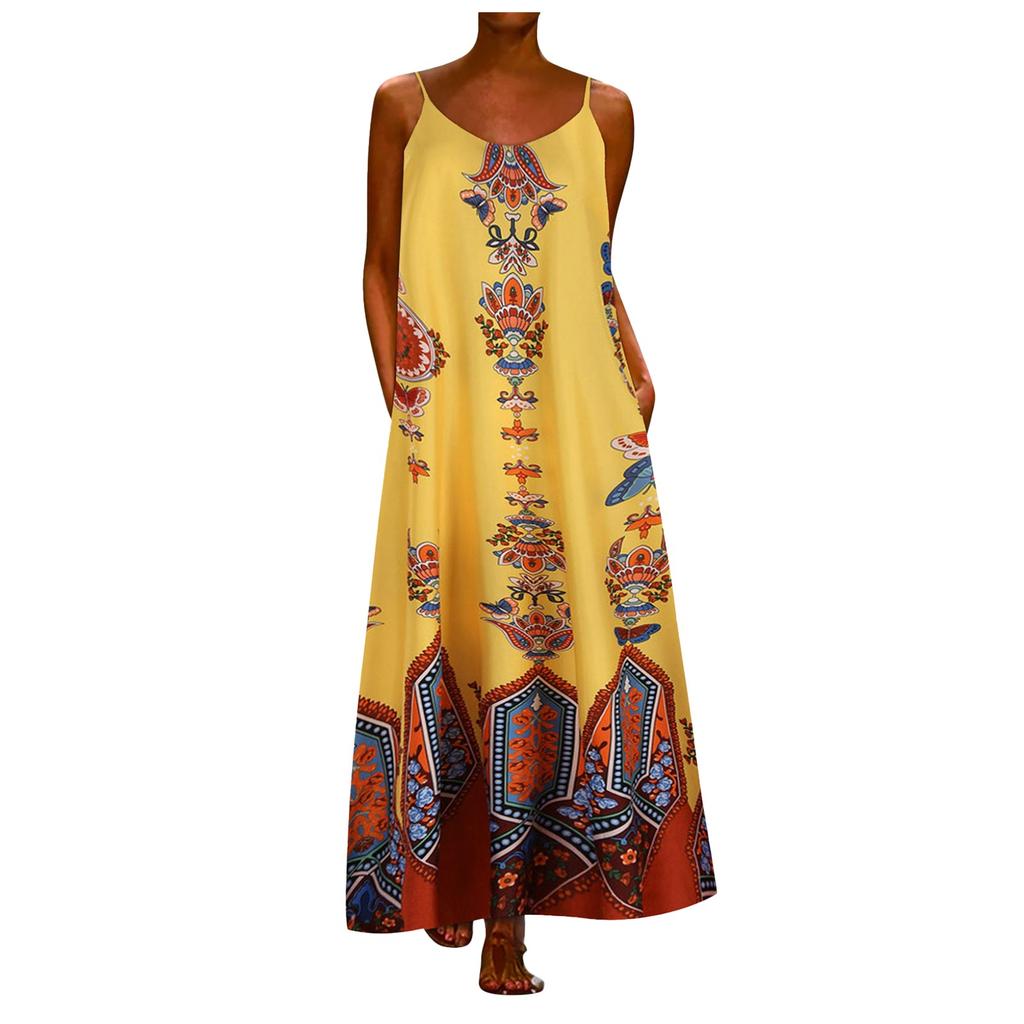 Módní ležérní šaty s potiskem v etnickém stylu bez rukávů, dámská dlouhá sukně