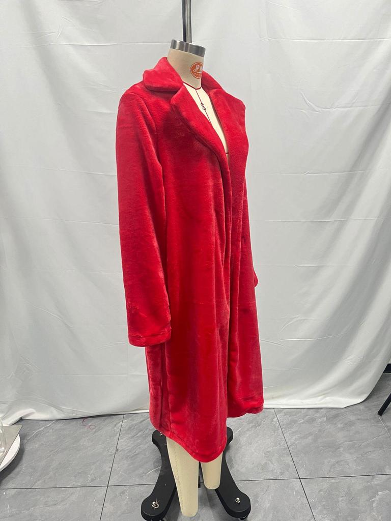2024 Autumn/Winter Women's Fashion Elegant Tie-Waist Turn-Down Collar Plush Long Coat