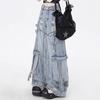 Heavy Industry Design Deconstruction Ribbon Ripped Blue Jeans Women's Spring New Multi-pocket Wide-leg Overalls