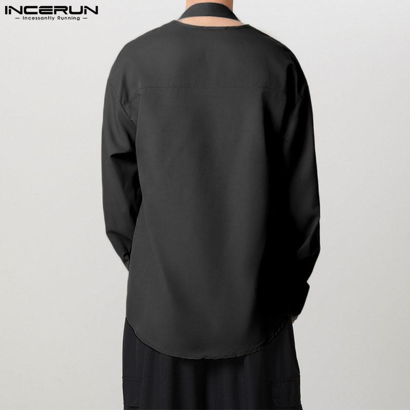 INCERUN Men V Neck Long Sleeve Patchwork Button Up Casual Loose Shirts
