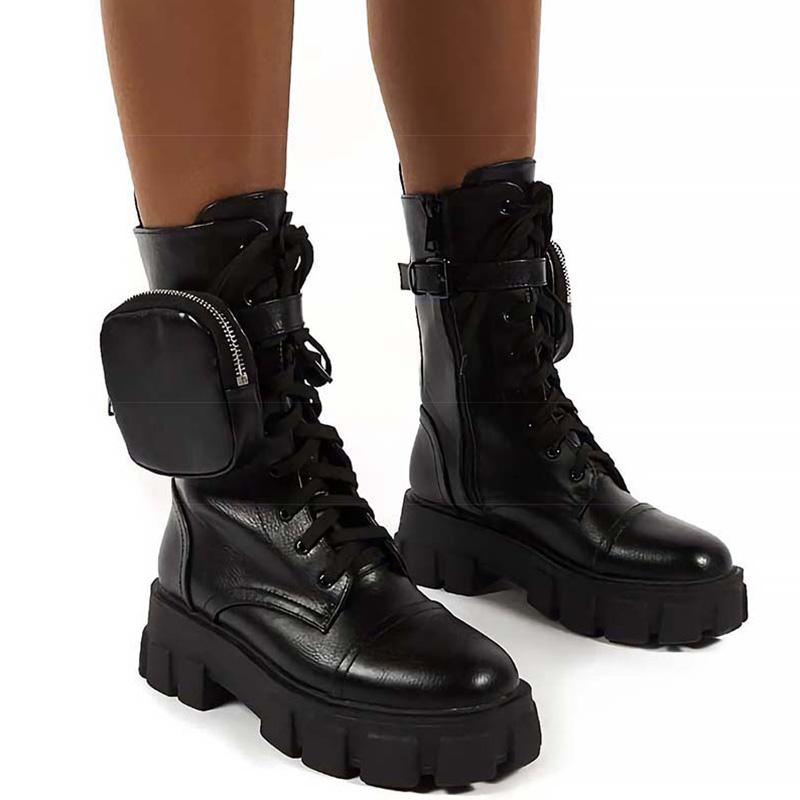 fashion 2024 Women Pocket Boots Lace Up Ladies Boots Fashion Female Buckle Strap Black Chunky Pouch Boots Woman Platform