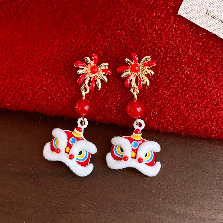 Новые красные серьги-гвоздики с флокированным львом и цветами, жемчугом, в китайском стиле, изысканные серьги