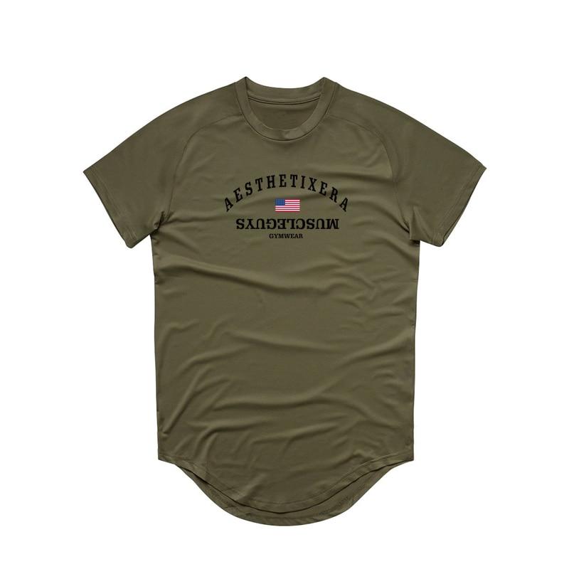 

Muscleguys, летняя одежда, мужская спортивная повседневная футболка для фитнеса, быстросохнущая, дышащая и крутая, с короткими рукавами L армия зеленый