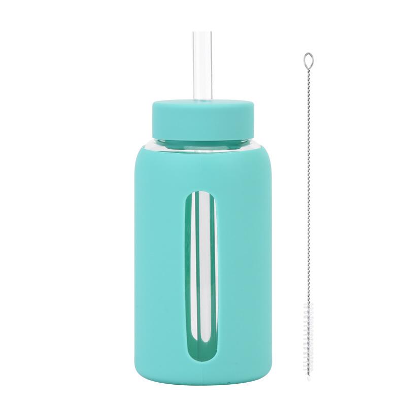 

600Ml Silicone Sleeve Borosilicate Glass Water Cup With Straw Can Suck Pearls Portable Outdoor Cup 600ml тиффани синий
