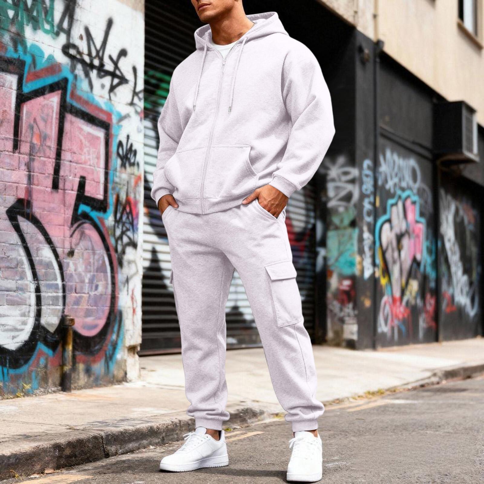 

Men s Fleece-Lined Thermal Two-Piece Tracksuit | Color Hooded Sweatshirt Jacket & Elastic Waist Cargo Joggers For Casual Outdoor XL білий