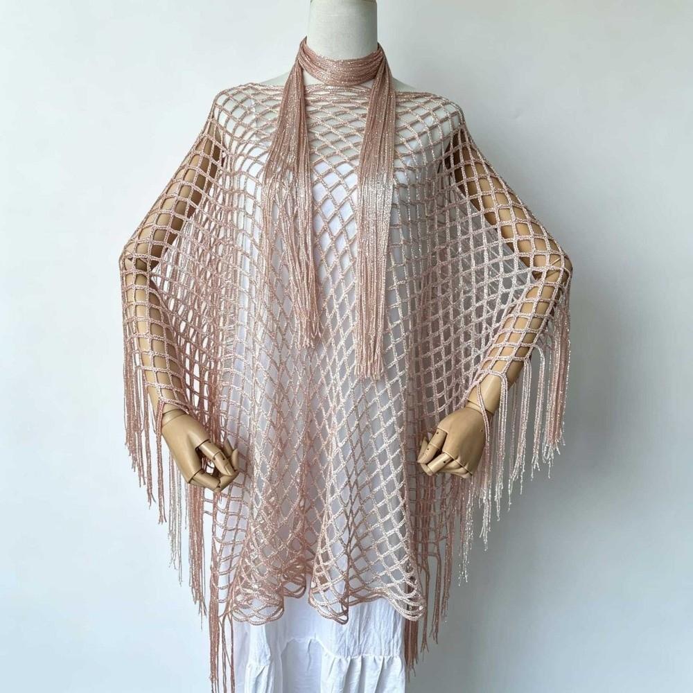 2pcs Shiny Summer Sun Shawl Hollowed Out Beach Cover Up Fringed Cape  Seaside Vacation