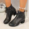 Women'S Breathable Cut-Out Chunky Heel Ankle Boots - Soft Synthetic Cover Round Toe Lace-Up Boots with Thick Rubber Sole for Casual & Formal Outfits