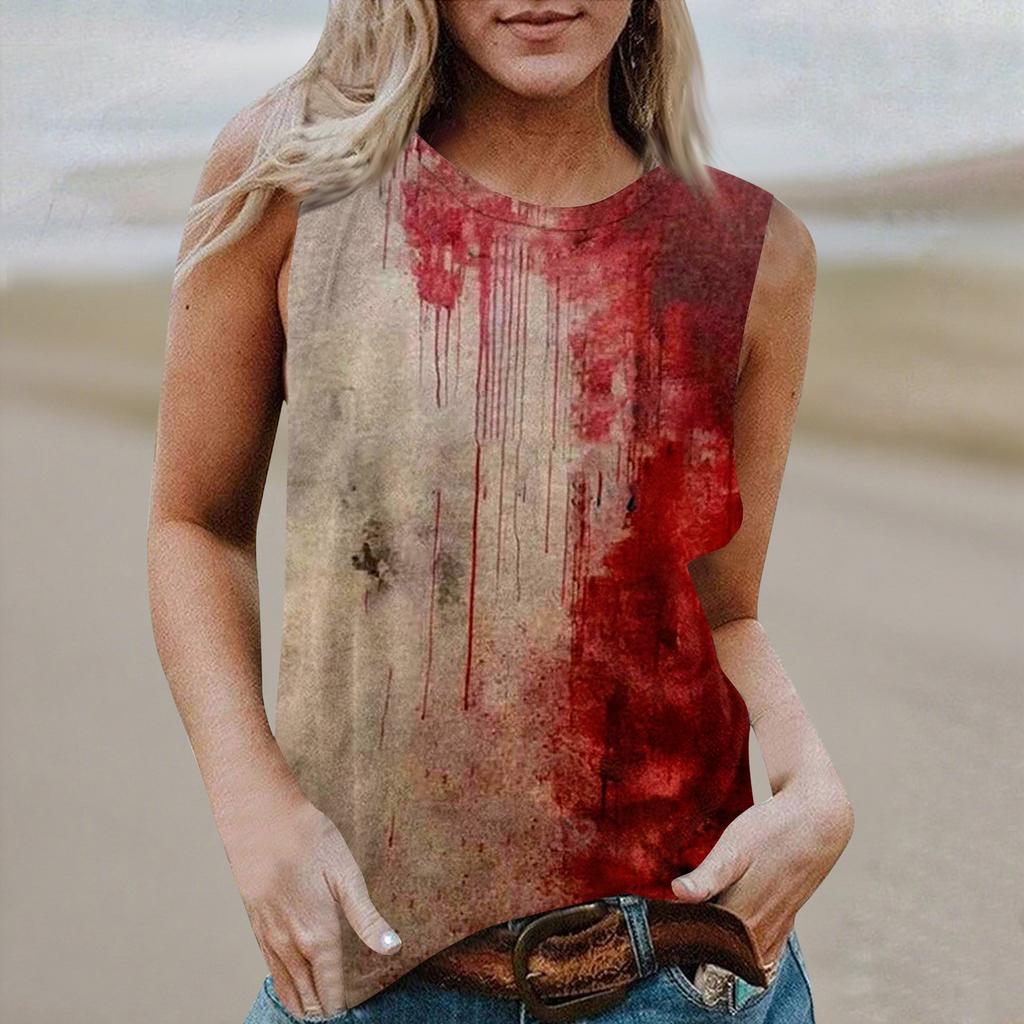 Women's Round Neck Casual Sleeveless Halloween Printed Vest T-Shirt Top