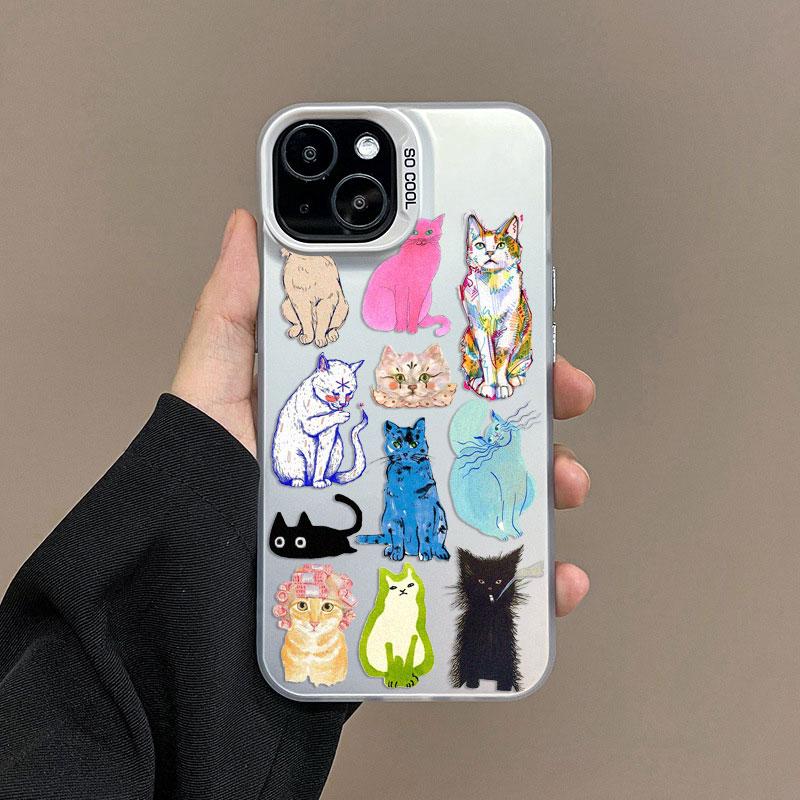 Creative Art Color Cats Laser Phone Case For iPhone 14 13 12 Mini 11 Pro Max 15 16 Pro Max Plus Shockproof Protective Back Cover