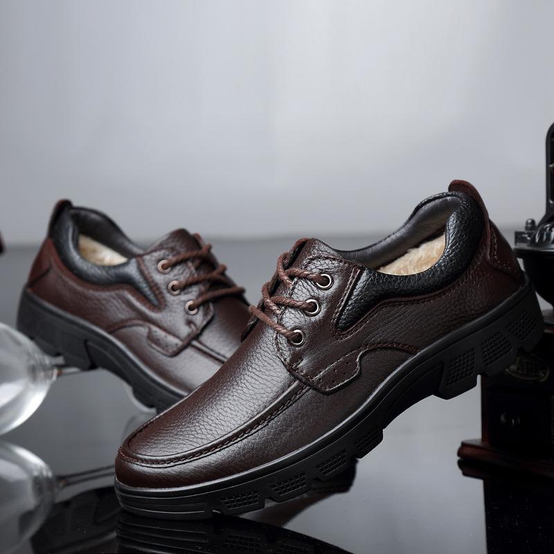 Autumn and winter leather single shoes large size business and leisure first-layer cowhide lace-up leather shoes men's velvet warm men's shoes