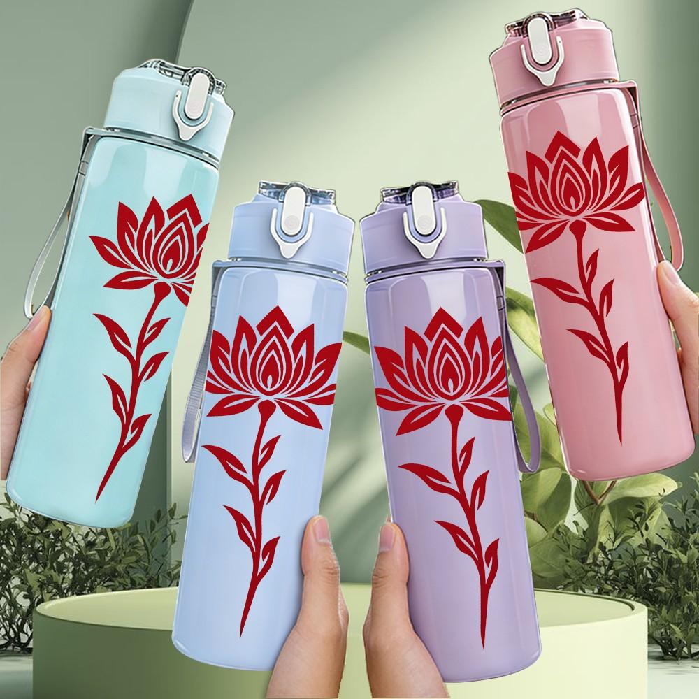 1PC Red Lotus Flower Art 750ml Color Plastic Sports Water Bottle Leakproof Flip Straw Lid Suitable for Sports Office Home Use