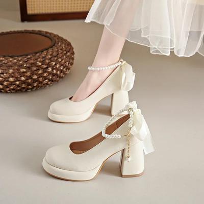 Women's Luxury Mary Jane Platform Shoes  Spring New Pearl Bow Shallow Comfort Thick High Heel Shoes Pumps Zapatos De Mujer