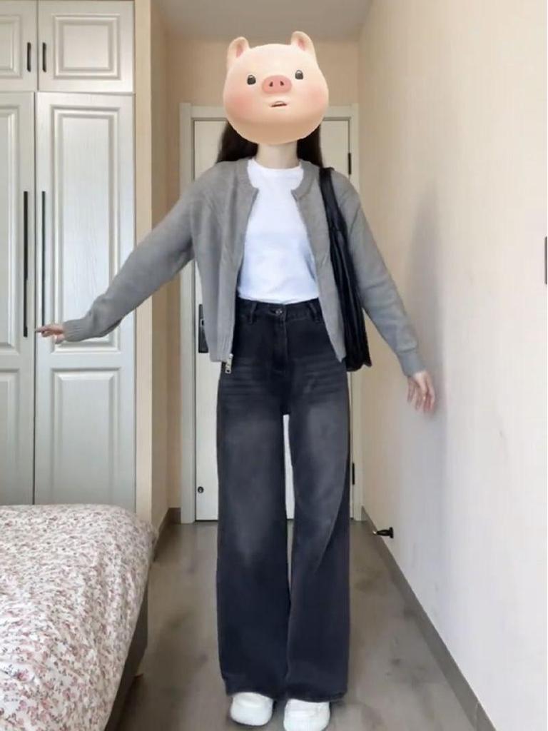 Retro Distressed High Waist Wide-Leg Jeans for Women - Spring/Summer, Loose Fit, Floor-Length, Black/Grey, Straight-Leg Trousers