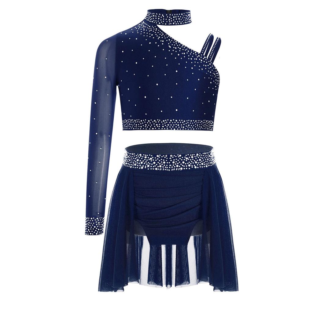 Girls Sparkly Rhinestones Crop Top Ruched Irregular Dance Skirt Figure Skating Gymnastics Set