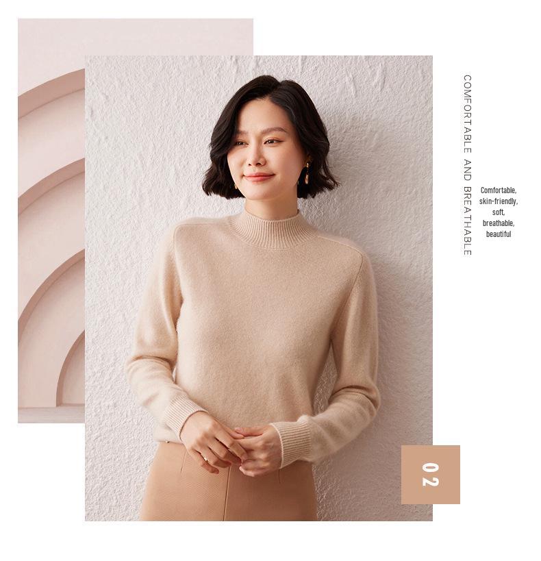 Women's Versatile Cashmere Sweater - Half-High Neck, Thick Pure Color Pullover, Loose Knit Wool Base Layer for Autumn and Winter