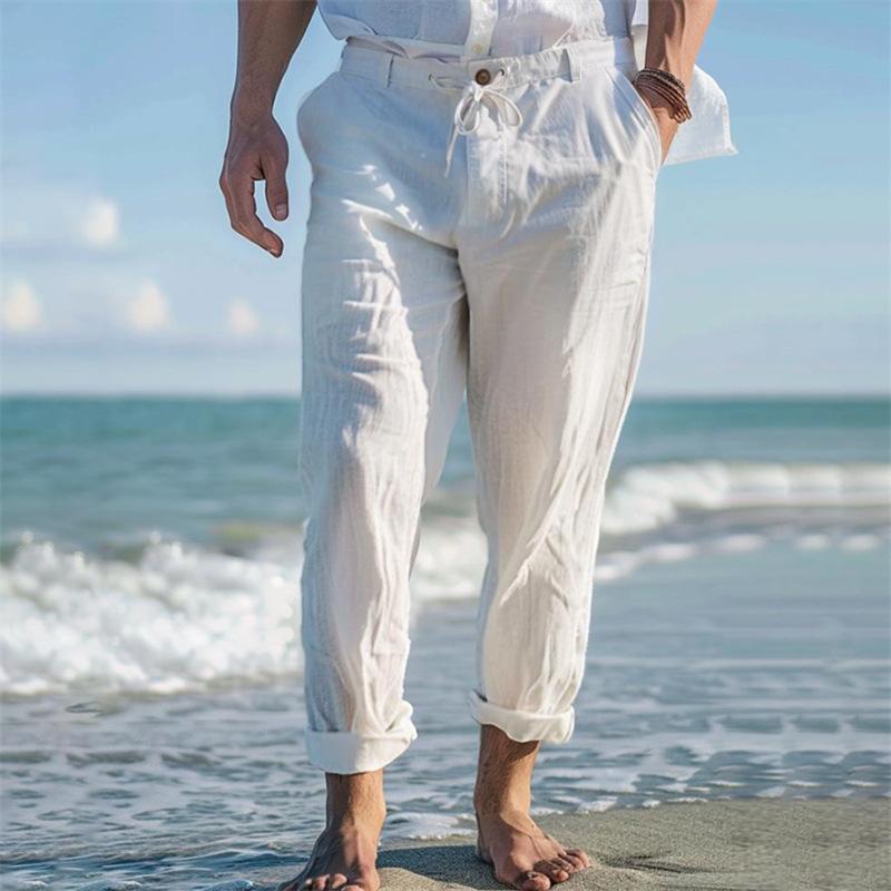 

Men s Plain Linen Summer Drawstring Outdoor Casual Beach Trousers S белый