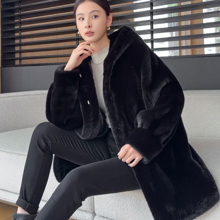 Women's Winter Fur Coat Mid-Length Thickened Eco-Friendly Hooded Fur Coat Faux Mink Fur Coat