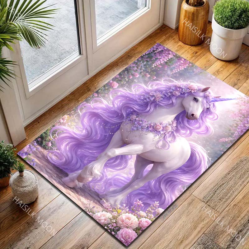 1PC Purple unicorn with flowers Carpet for Living Room Bedroom Sofa Home Decor Rus Non-slip Floor Mat Luxury Gift