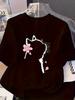 Unisexs Round Neck Short Sleeve Tshirt With Cat And Flower Print Fashionable Casual T Shirt 90s Graphic Y2k Tops Clothes Femme