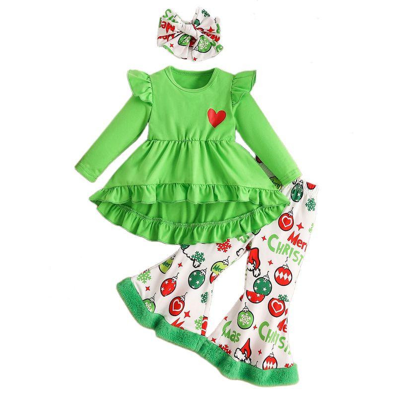 

Christmas Children s Clothing 2025 Autumn New Arrival Girl Long Sleeves Heart Tops Print Stuffed Bell-Bottom Pants Hair Band Fluorescent Green 1-2Y