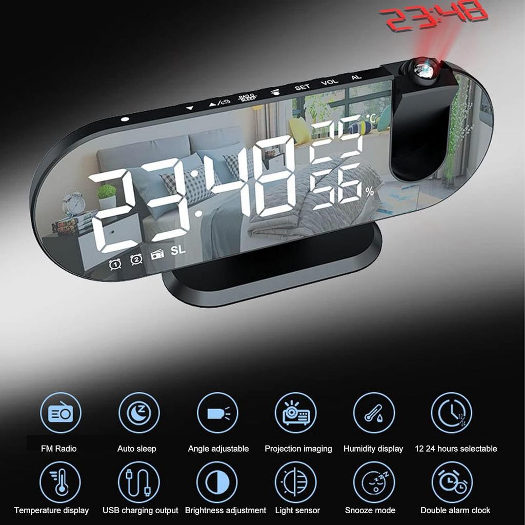 Projection Alarm Clock, USB Powered Mirror Display Design Clock, 180 Degree Rotation High Brightness LED Light Source Ceiling Digital Alarm Clock