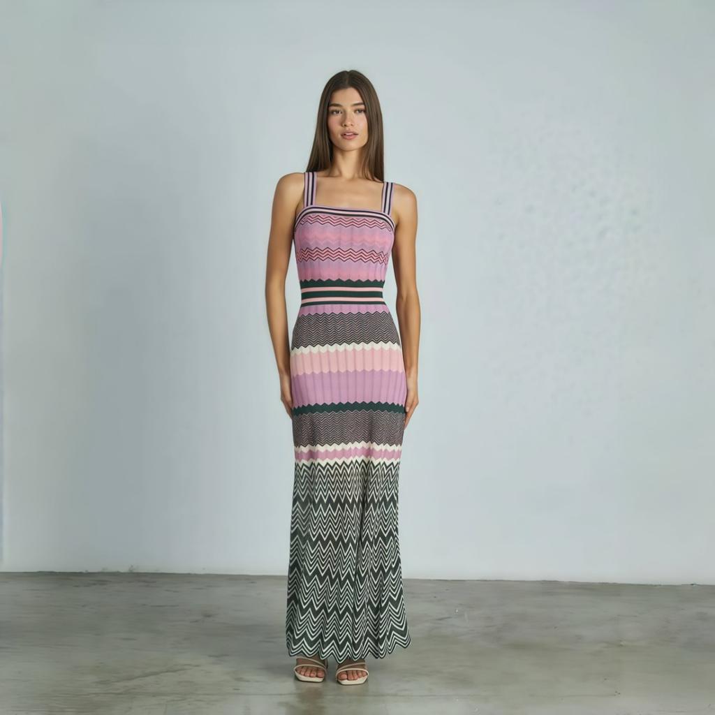 Elegant Knitting Dress Women Slim Sleeveless Square Collar Sling Long Dresses New Female Vacation Fashion Robes