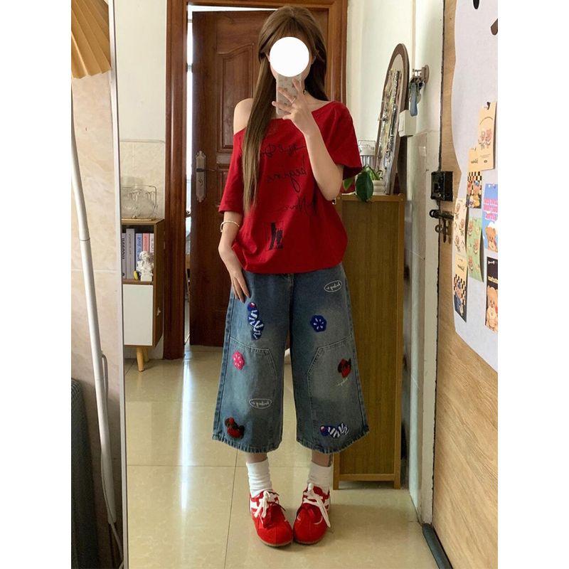 

Plus size Pu Shuai Gyaru Lazy Design High Waist Demin shorts Women 2025 Summer New Meat Covering Wide Leg Cropped Pants Blue [Quality Edition]] 3XL