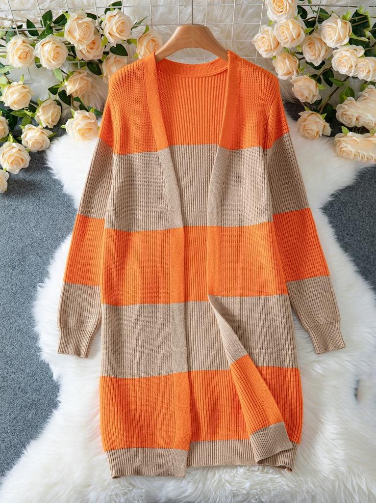 New Autumn and Winter Contrast Color Striped Cardigan Women's Casual Mid-Length Off-Shoulder Knitted Cardigan