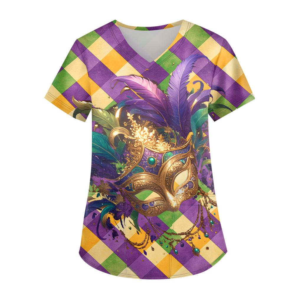 Ladies' Carnival Printed Fashion V-neck Pocket Short Sleeved Nurse's Wear And Worker's Top