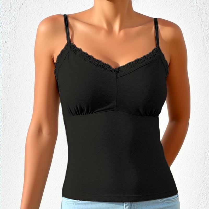 Lace-trimmed V-neck halter top Comfortable, sweet and sexy women's blouse