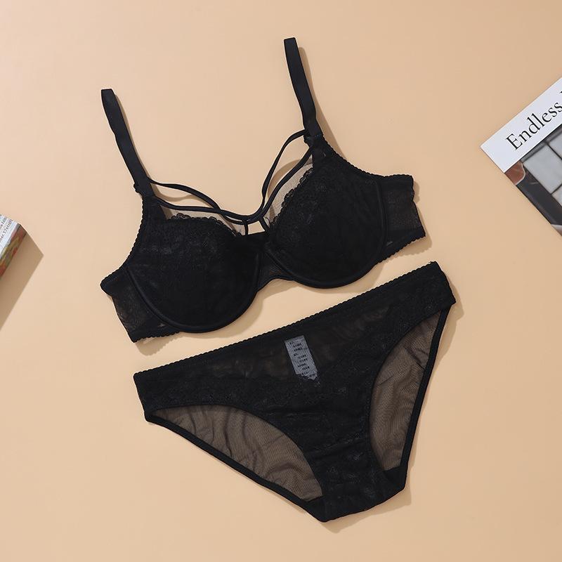 

French underwear female sexy thin pure lace bra big chest small anti-sagging gathering underwear bra 85D чорний