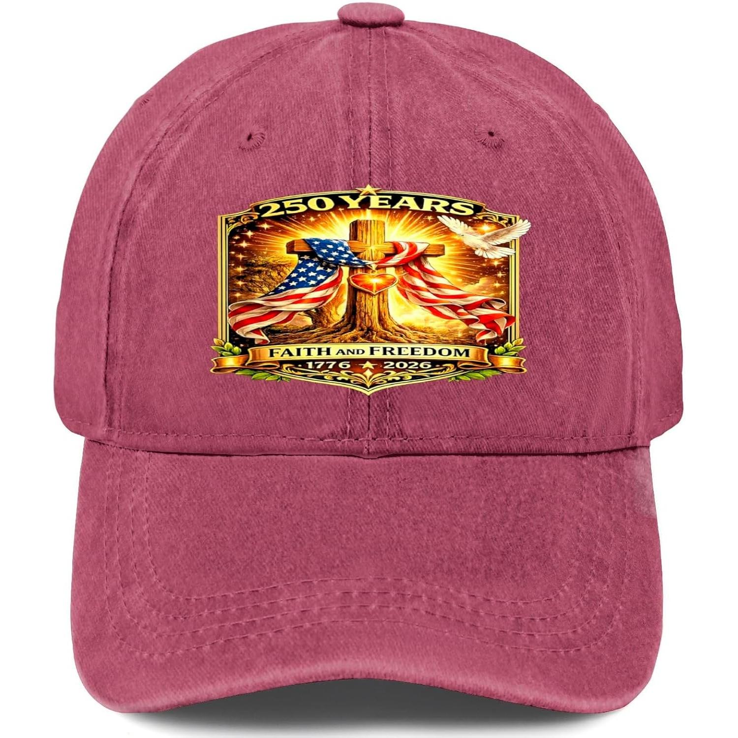 Faith Freedom Years Anniversary Cross American Flag Washed Denim Baseball Cap Unisex One Size