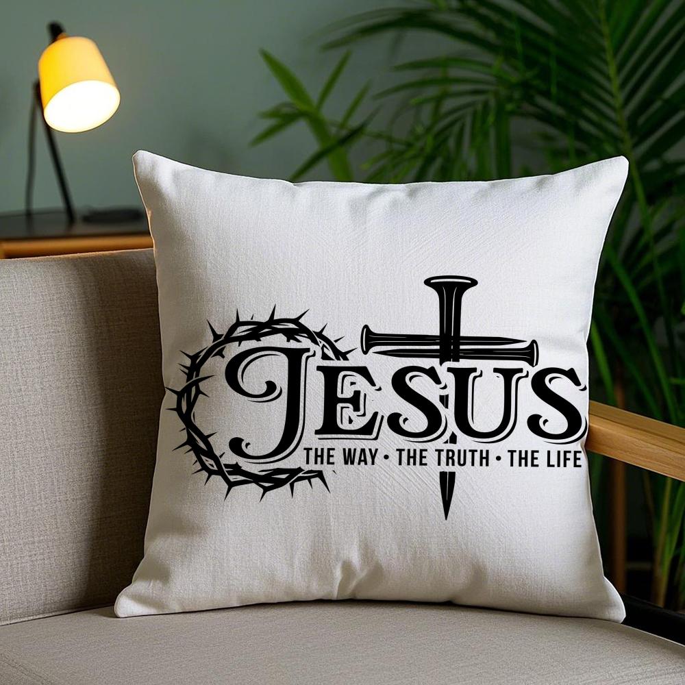 Christian Jesus The Way Truth Life Cushion Cover Plush Fabric Double-Sided Printed Invisible Zipper Sofa Pillow Case Home Decor