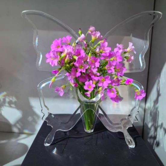 Vaso Decorativo Borboleta em Acrílico Transparente para Mesa de Desktop, Flores para Quarto, Casamento, Centro de Mesa