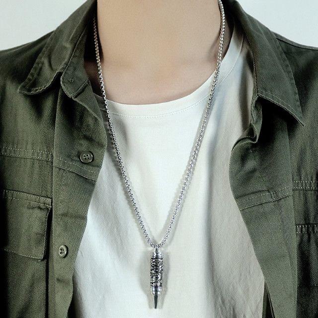 Vintage Titanium Steel Dragon-Patterned Bullet Necklace Pendant, Men'S Necklace