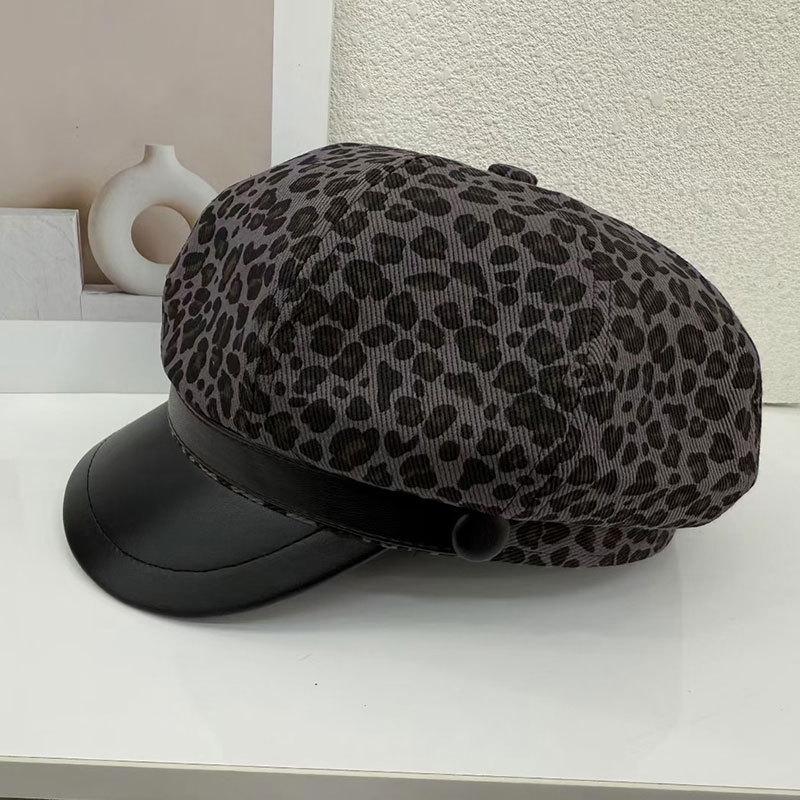 Retro Leopard Print Beret For Children, Spring And Autumn Fashion Painter, Octagonal Hat, Leather Brim, Newsboy Hat