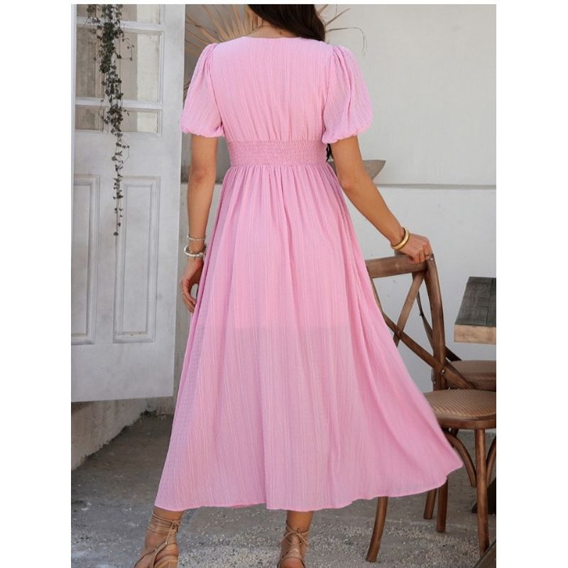 Bohemian Seaside Style Long dress European and American Summer V-neck Single-Breasted Waist Hugging Shoulder Bubble Short sleeve Dress Women