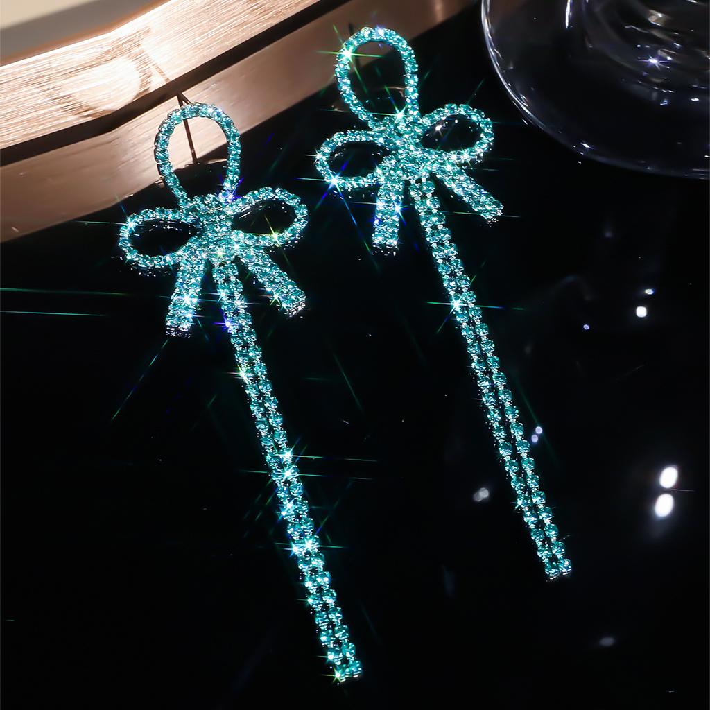 Blue Crystal Long Tassel Bow Earrings