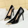 Shallow Heeled High Heels for Women, Pointed Iron Toe Decorative Super High Heels, Patent Leather Single Shoes
