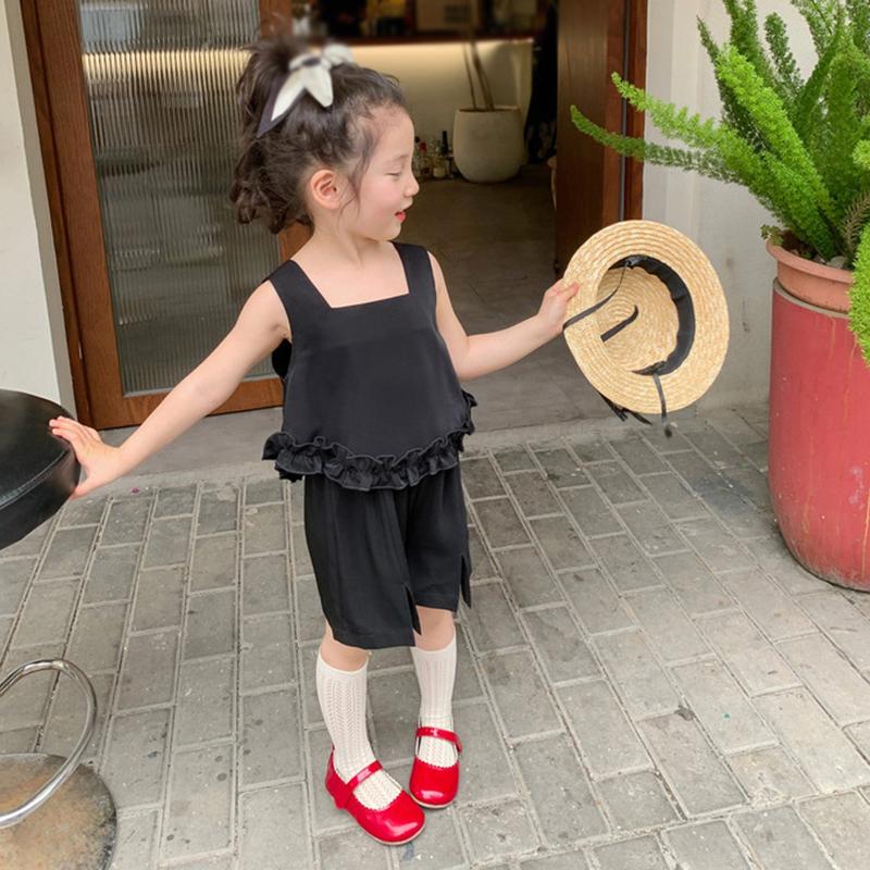 

Летние детские комплекты одежды для маленьких девочек, детские топы с плиссированным подолом и квадратным воротником без рукавов, шорты с разрезами, костюм для одежды